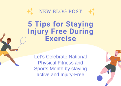National Physical Fitness and Sports Month graphic with exercise safety tips