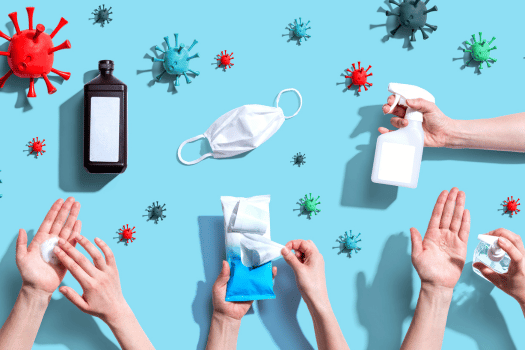 Flat lay illustration of hygiene practices on a blue background. Hands are shown using sanitizer, wipes, soap, and spray, surrounded by a face mask, bottle
