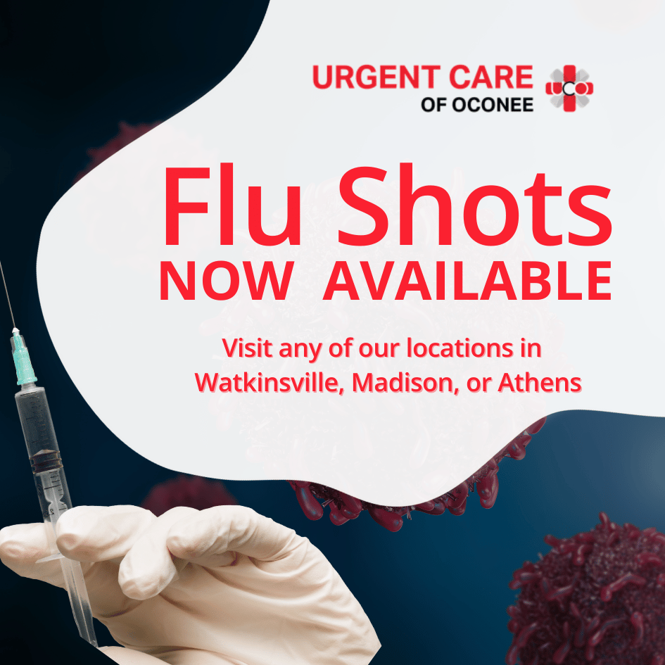 Announcement that flu shots are now available at Urgent Care of Oconee
