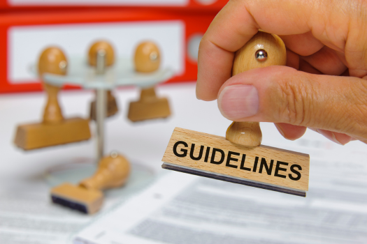 A hand holding a wooden rubber stamp that says 'GUIDELINES' over a document, with more stamps on a holder in the background.