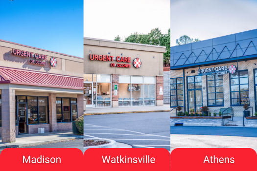 Three photos showing the exteriors of Urgent Care of Oconee locations in Madison, Watkinsville, and Athens.
