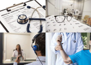 A collage of four images showing components of a medical exam: a medical history form with a stethoscope, glasses resting on an eye chart, a hearing test, and a physical examination of a patient's arm
