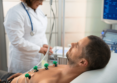 EKG testing equipment used to monitor heart rhythm and electrical activity