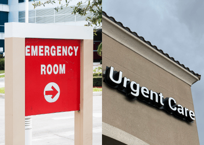 Split image with an "Emergency Room" sign on the left and an "Urgent Care" building on the right.
