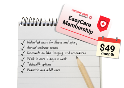 EasyCare Membership graphic featuring a checklist of membership benefits including unlimited illness visits, annual wellness exams, discounts on labs and imaging, walk-in care, telehealth options, and pediatric and adult care. Pricing displayed as $49 per month.