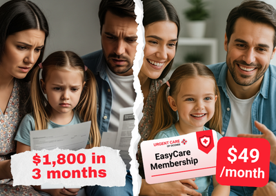 Split-image graphic showing a worried family holding medical bills beside a happy family holding an EasyCare Membership card. Text highlights EasyCare membership pricing at $49 per month.
