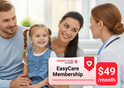 A smiling family of three — a father, mother, and young daughter — at a medical clinic with a healthcare provider in scrubs. Overlaid graphics promote the Urgent Care of Oconee EasyCare Membership at $49 per month.