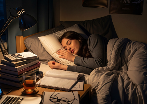 A young woman sleeps peacefully in a warmly lit dorm room, with a stack of books, an open notebook, and a mug of tea on her bedside table.