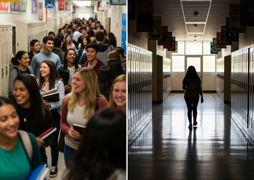 A split-frame photo showing a crowded, bustling high school hallway on the left, contrasted with the same hallway, now empty and dimly lit, on the right.