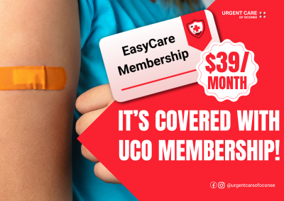 Ad for "Easy-care Membership" from "Urgent Care of Oconee" for $39/month, covered with UCO membership.