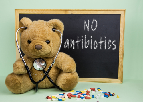 bear with cold with card "no antibiotics"