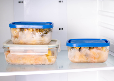 Three glass containers filled with frozen food and leftovers, stored on a shelf inside a freezer.