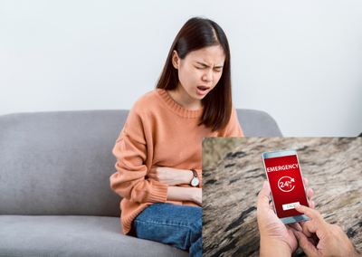 Woman on a couch clutching her stomach in pain, with an inset image of a person calling an emergency service on a smartphone.