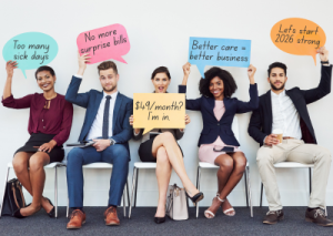 Group of smiling adults holding signs promoting EasyCare Membership savings and healthcare affordability, including messages about avoiding surprise medical bills and affordable monthly membership pricing.