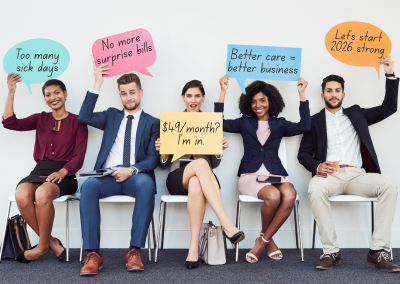 Group of smiling adults holding signs promoting EasyCare Membership savings and healthcare affordability, including messages about avoiding surprise medical bills and affordable monthly membership pricing.