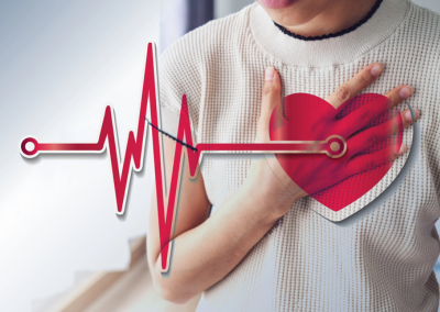 A woman clutching her chest in pain, overlaid with a red heart graphic and a pulsing EKG heartbeat line.