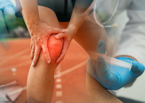 A person holding their painful, red knee on a running track, overlapped with a doctor’s gloved hand preparing a syringe, visually raises the question: is PRP worth it for treating sports-related knee injuries?.