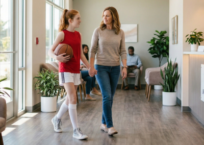 Teenage athlete walking into a clinic with her parent while holding a basketball for a sports physical visit.