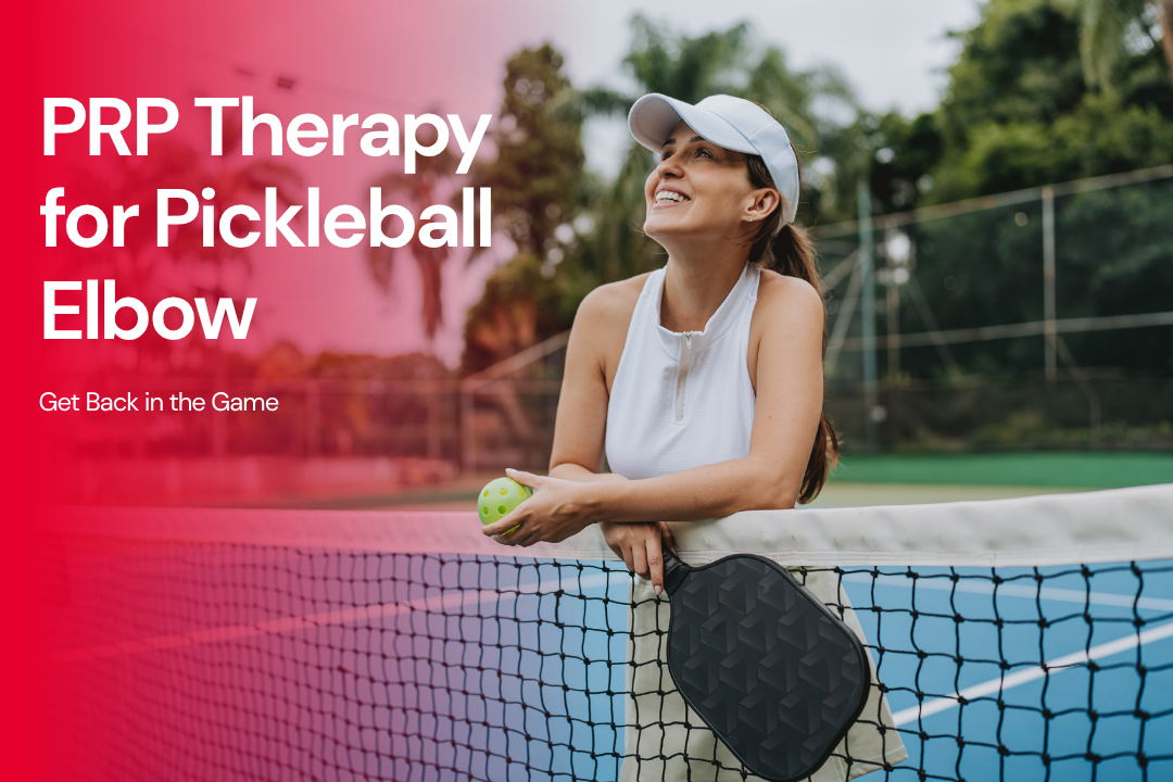 Active adult in athletic wear holding a pickleball paddle on an outdoor court with Text Overly "PRP Therapy for Pickleball Elbow"
