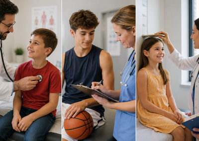A three-panel image showing different pediatric healthcare visits, including a routine physical exam, sports physical, and annual wellness check for children and teens.
