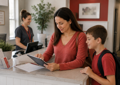 A mother checks in at a clinic front desk using a tablet while her child stands beside her with a backpack in a modern urgent care reception area.