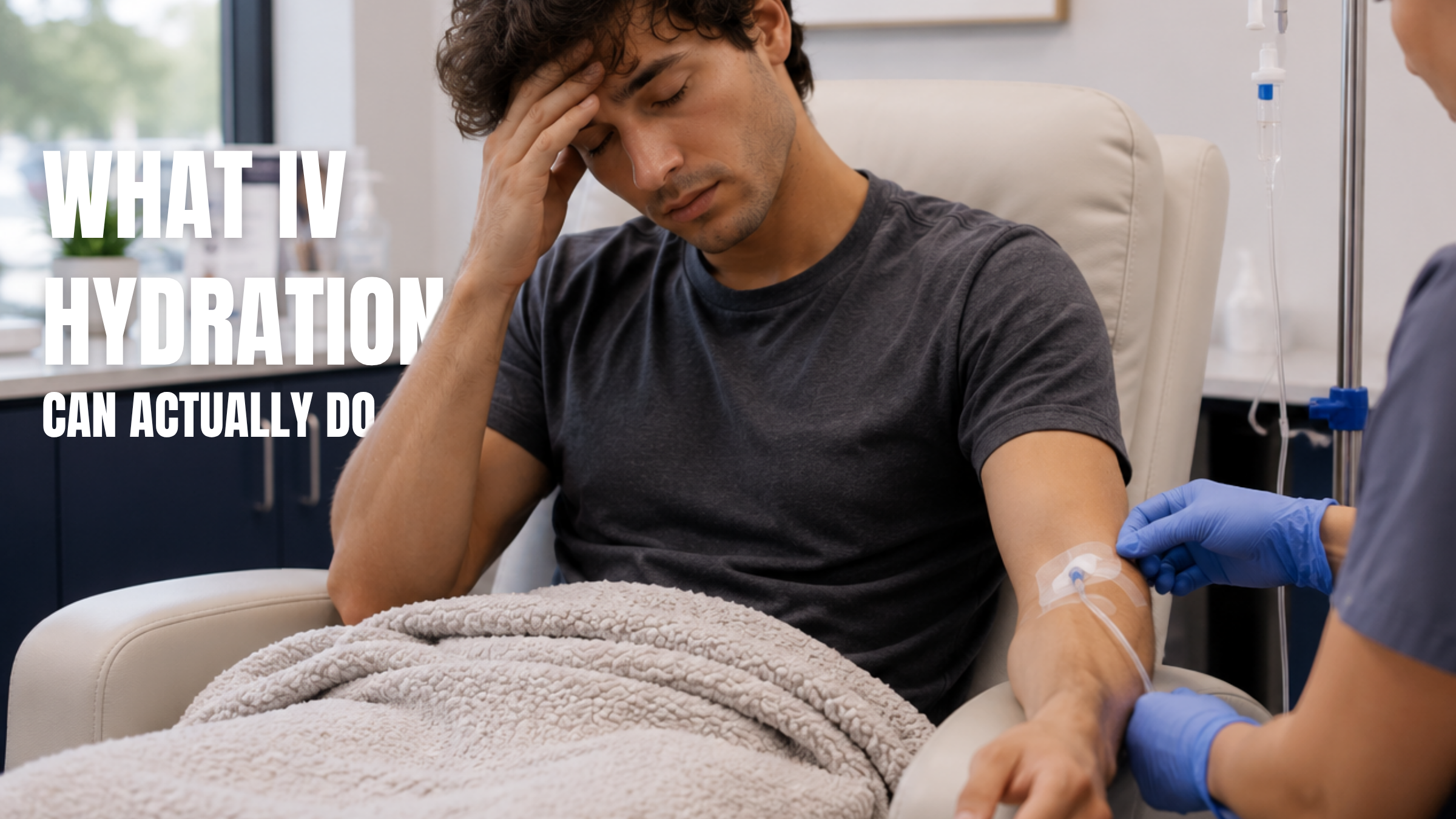 Young man receiving IV hydration therapy in a Athens clinic while experiencing fatigue and dehydration symptoms