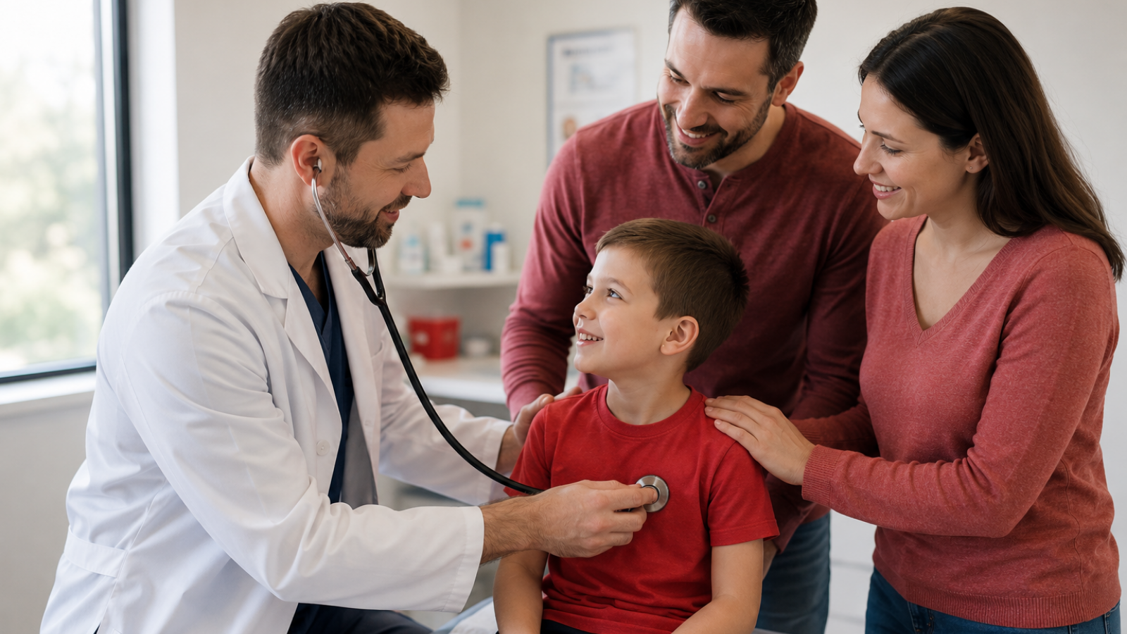 A healthcare provider performs a routine camp physical exam on a smiling young boy while both parents stand nearby in a bright, welcoming clinic exam room.
