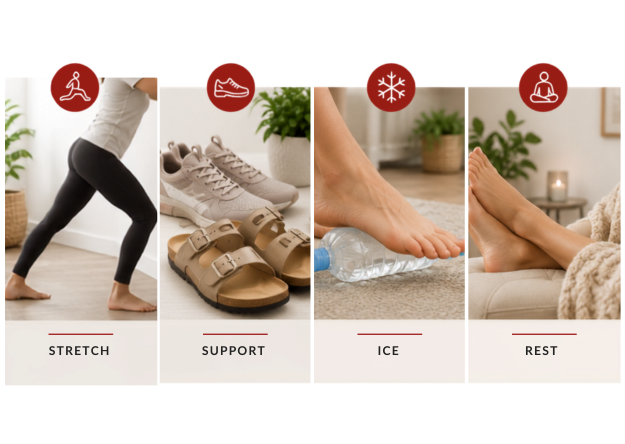 A simple wellness infographic showing common at-home plantar fasciitis remedies including stretching, supportive shoes, ice therapy, and rest.