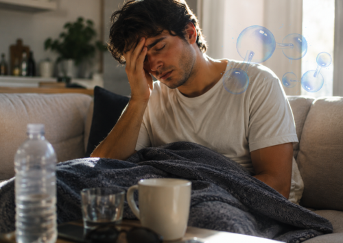Student in Athens experiencing dehydration symptoms at home with subtle hydration and electrolyte graphics