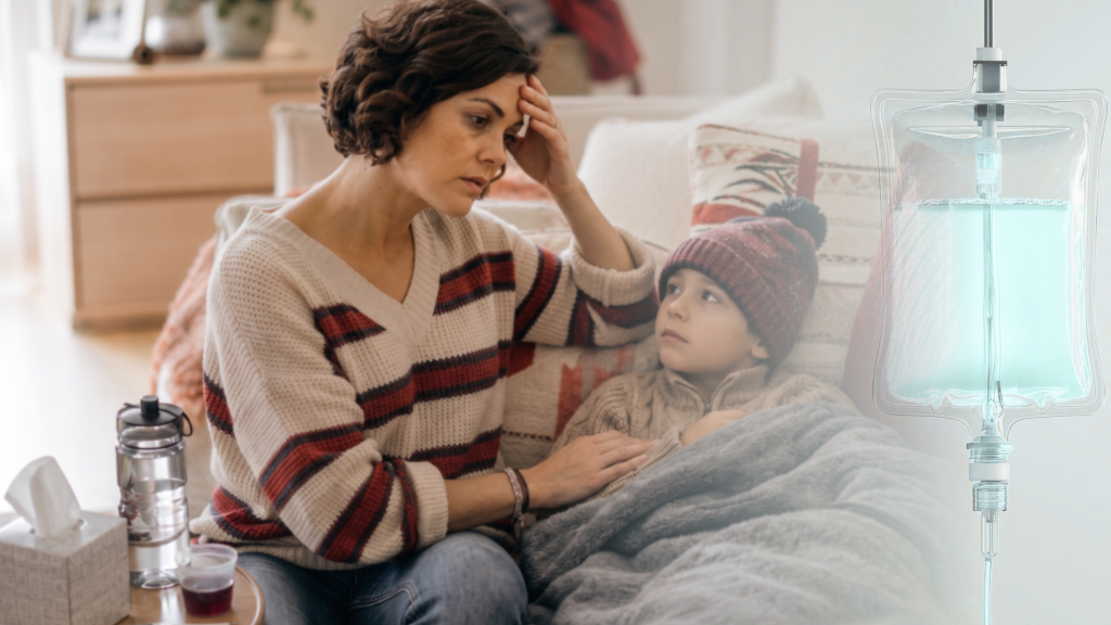 Exhausted mother resting on a couch while caring for her child at home, with IV hydration graphic overlay representing dehydration recovery and support.