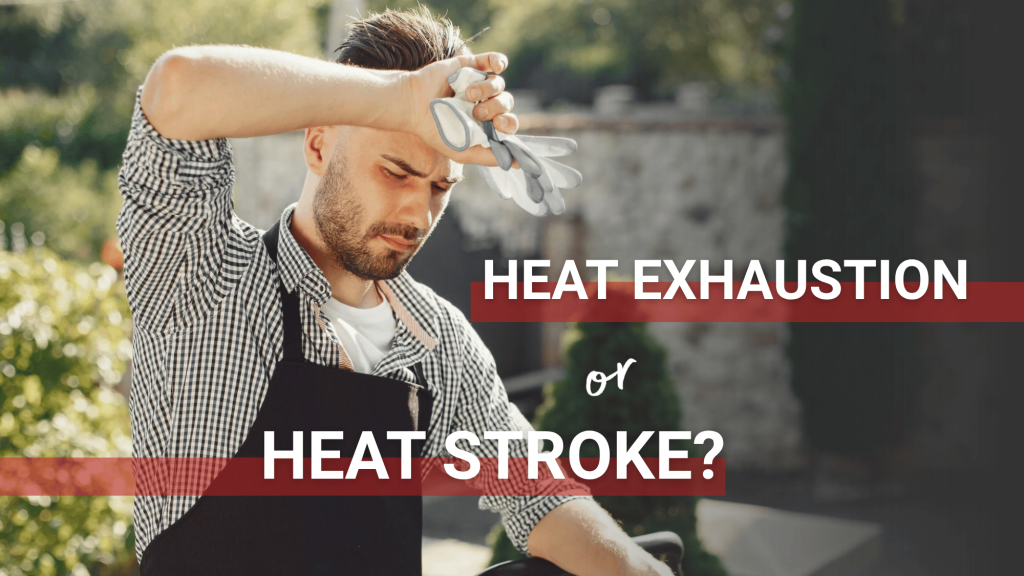 A man working outdoors pauses to wipe sweat from his forehead, illustrating the warning signs of heat exhaustion and heat-related illness.
