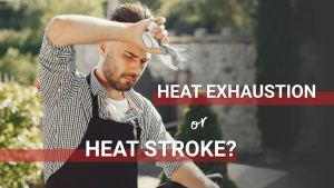 A man working outdoors pauses to wipe sweat from his forehead, illustrating the warning signs of heat exhaustion and heat-related illness.