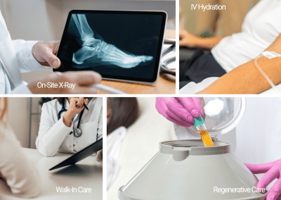 A collage highlighting Urgent Care of Oconee services, including on-site X-ray, IV hydration, walk-in care, and regenerative care.
